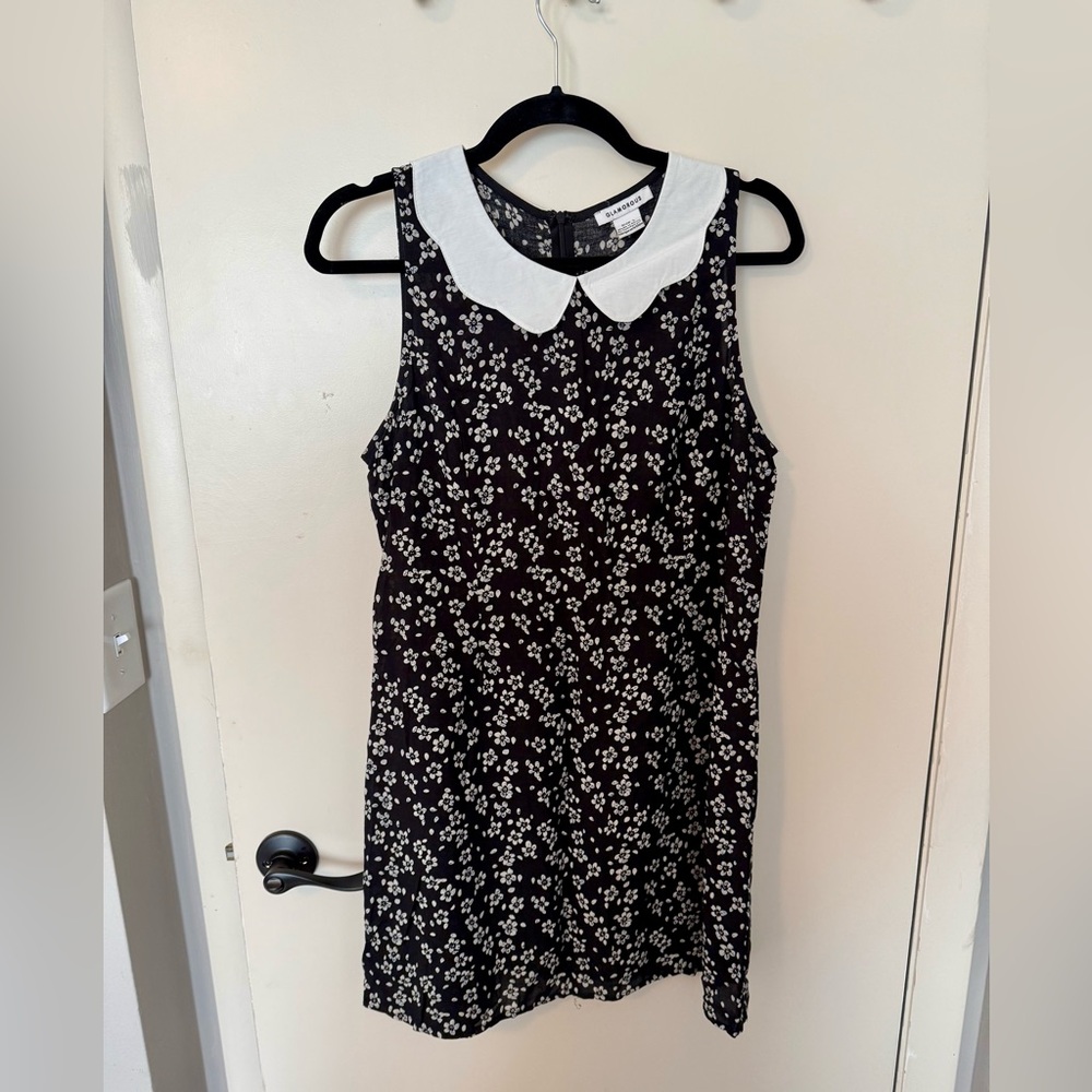 Hipster Peter Pan Collar Mod Mini Dress, Black Floral Sleeveless Dress, Large
